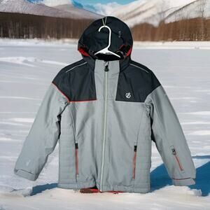 Dare2b Boys Ski Jacket 9-10Y Hooded Snow Coat Gray Black Red Trim